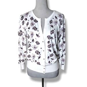 Two Twenty Five Floral Cardigan Sz XL White Knit SnapFront Cottagecore Preppy